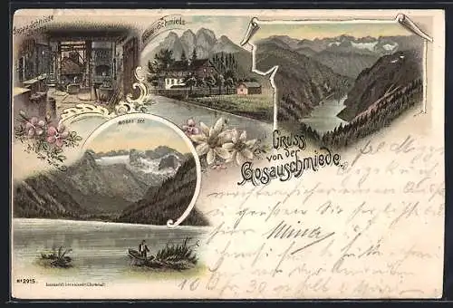 Lithographie Gosau, Gosausee und -schmiede, Blick auf den Dachstein von der Zwiegelalpe