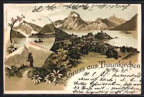 Lithographie Traunkirchen, Gesamtansicht, Denkmal