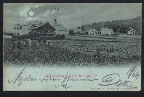 Mondschein-AK Kirchschlag bei Linz, Teilansicht mit Gasthaus