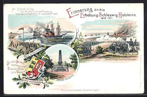 Lithographie Idstedt, Erhebung Schleswig-Holsteins 1848-1851, Bestürmung von Friedrichstadt & Sieg bei Eckernförde