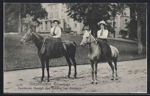 AK Friedrichsruh, Die Enkelinnen des Fürsten Bismarck zu Pferd, Comtesse Hanna und Goedela von Bismarck