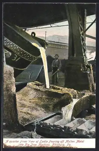 AK Pittsburg, PA, A quarter Front View of Ladle Pouring off Molten Metal into Pig Iron Machine