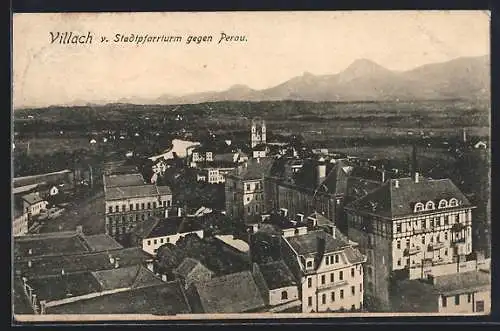 AK Villach, Teilansicht vom Stadtpfarrturm gegen Perau