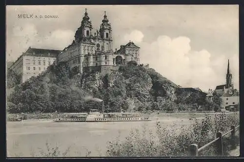 AK Melk a. d. Donau, Uferpartie mit Stift und Dampfer