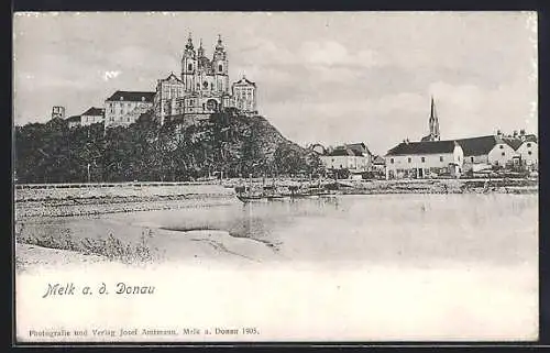 AK Melk a. d. Donau, Uferpartie mit Stift