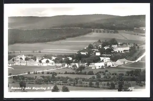 AK Mayerling, Ortsansicht mit Kirche und Bergpanorama