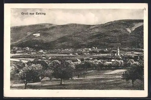 AK Zelking, Ortsansicht mit Kirche und Bergpanorama