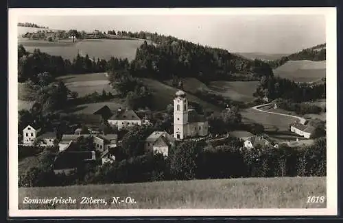 AK Zöbern, Blick von einer Anhöhe auf das Dorf