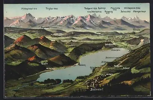 Künstler-AK Steindorf, Ortsansicht mit Ossiach, Achatz und Landskron, Bergpanorama mit Triglav, Prisanig u. Mittagskogel