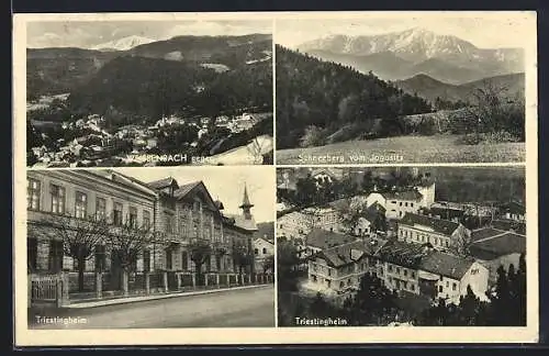 AK Weissenbach an der Triesting, Zwei Ansichten des Triestingheims & Schneeberg vom Jagasitz