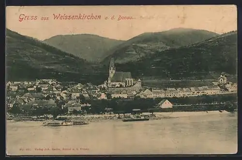 AK Weissenkirchen an der Donau, Ortsansicht mit Raddampfer