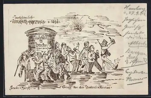 AK Gruss von der Studentenkneipe, Touristenclub Vorwärts-Hammonia v. 1891, studentische Szene