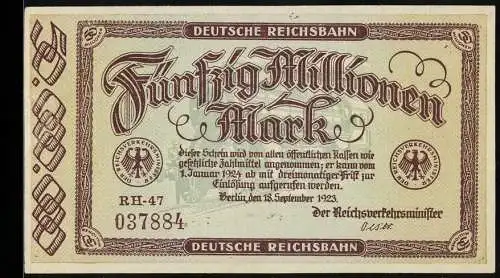 Notgeld Berlin 1923, 50 Millionen Mark, Deutsche Reichsbahn, Adlerwappen, Seriennummer RH-47 037884