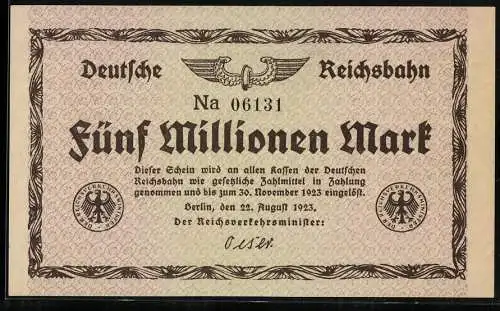 Notgeld Berlin 1923, 5 Millionen Mark, Deutsche Reichsbahn, Adler und Reichsbahn-Siegel, Seriennummer Na 06131