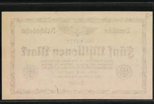 Notgeld Berlin 1923, 5 Millionen Mark, Deutsche Reichsbahn, Adler und Reichsbahn-Siegel, Seriennummer Na 06131