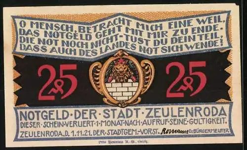 Notgeld Zeulenroda 1921, 25 Pf, Viadukt und Löwenwappen, Textbotschaft