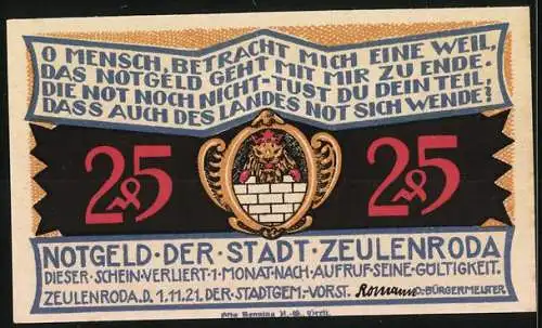 Notgeld Zeulenroda 1921, 25 Pf, Stadtansicht mit Rathaus, Wappen und Spruchband