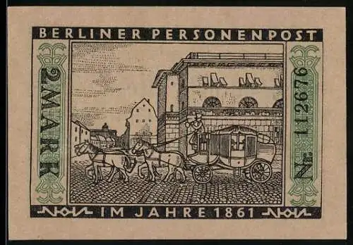 Notgeld Berlin 1922, 2 Mark, Berliner Personenpost 1861, Seriennummer 112676, Bär und Inschrift