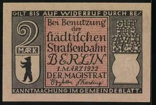 Notgeld Berlin 1922, 2 Mark, Berliner Personenpost 1861, Seriennummer 112676, Bär und Inschrift