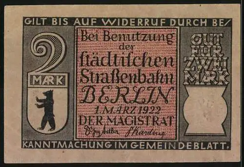 Notgeld Berlin 1922, 2 Mark, Berliner Pferdeeisenbahn, Seriennummer 212311, Bär-Wappen