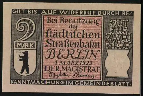 Notgeld Berlin 1922, 2 Mark, Berliner Mietdroschke um 1830, Seriennummer 254007, Berliner Wappen