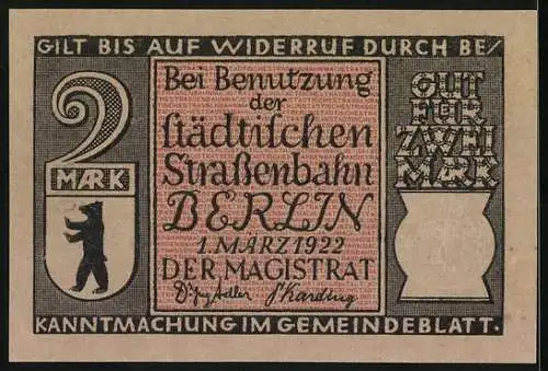 Notgeld Berlin 1922, 2 Mark, Erste elektrische Eisenbahn, Gewerbeausstellung 1869, Berliner Bär, Strassenbahn-Nutzung