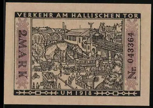 Notgeld Berlin 1922, 2 Mark, Verkehr am Halleschen Tor, Seriennummer 043364, Bär-Wappen