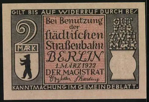 Notgeld Berlin 1922, 2 Mark, Verkehr am Halleschen Tor, Seriennummer 043364, Bär-Wappen