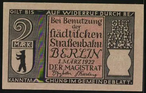 Notgeld Berlin 1922, 2 Mark, Hochbahn über Landwehrkanal, Seriennummer 043364, Berliner Bär Wappen