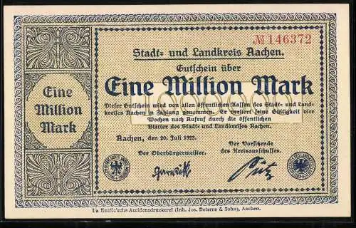 Notgeld Aachen 1923, 1 Million Mark, Seriennummer, Ziermuster und Wappen der Stadt Aachen