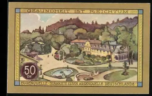 Notgeld Bad Kudowa, 50 Pfennig, Eugenquelle und Parklandschaft, Seriennummer 092792