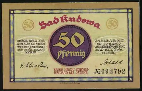 Notgeld Bad Kudowa, 50 Pfennig, Eugenquelle und Parklandschaft, Seriennummer 092792