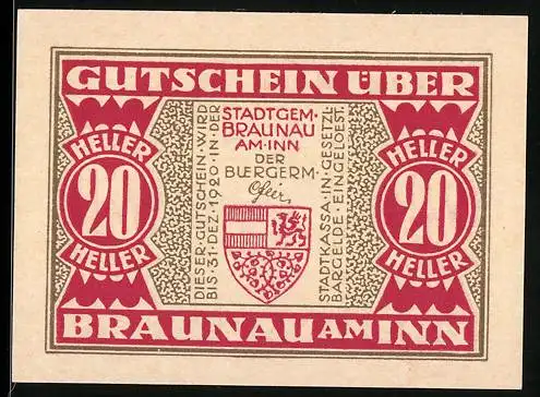 Notgeld Braunau am Inn 1920, 20 Heller, Stadtansicht und Wappen