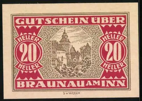 Notgeld Braunau am Inn 1920, 20 Heller, Stadtansicht und Wappen