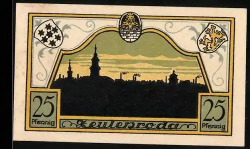 Notgeld Zeulenroda 1921, 25 Pfennig, Stadtsilhouette, Wappen und Textbanderole