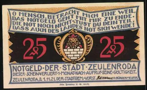 Notgeld Zeulenroda 1921, 25 Pfennig, Stadtsilhouette, Wappen und Textbanderole