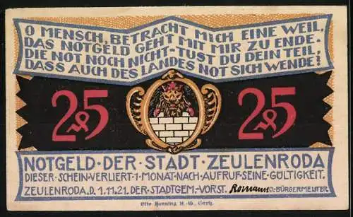 Notgeld Zeulenroda 1921, 25 Pfennig, Stadtansicht und Löwenwappen