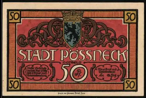 Notgeld Pössneck, 50 Pfennig, Stadtwappen und Brunnenplatz mit Figuren