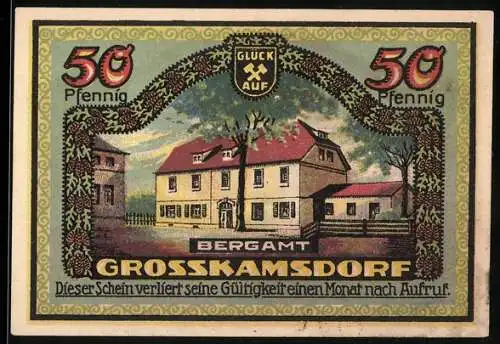 Notgeld Ziegenrück 1921, 50 Pfennig, Bergamt Grosskamsdorf und Kreishaus mit Schlössern, Nr. 44090, Wappen Glück Auf