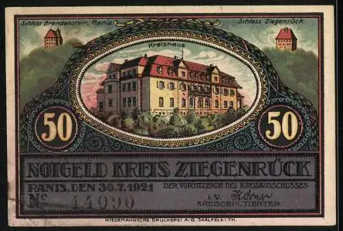 Notgeld Ziegenrück 1921, 50 Pfennig, Bergamt Grosskamsdorf und Kreishaus mit Schlössern, Nr. 44090, Wappen Glück Auf