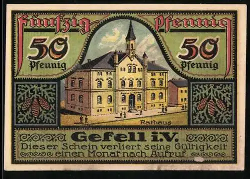 Notgeld Ziegenrück 1921, 50 Pfennig, Rathaus und Kreishaus, Seriennummer 44431, Schloss Brandstein und Ziegenrück