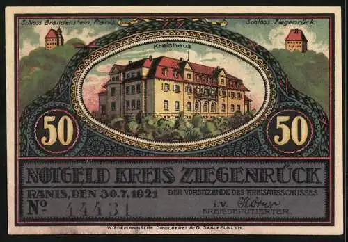 Notgeld Ziegenrück 1921, 50 Pfennig, Rathaus und Kreishaus, Seriennummer 44431, Schloss Brandstein und Ziegenrück