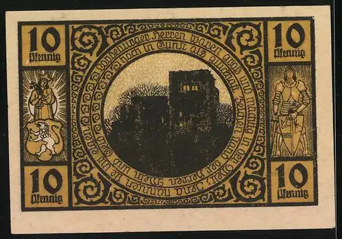 Notgeld Lobeda 1921, 10 Pfennig, Ketten sprengen mit Stadtansicht und Burgruine, Wappen und Ritter