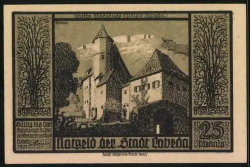 Notgeld Lobeda 1921, 25 Pfennig, Burgruine und Ritter mit Wappen, Schlossansicht mit Bäumen