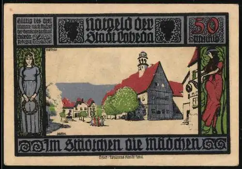 Notgeld Lobeda 1921, 50 Pfennig, Stadtansicht und Ruine mit Figuren und Inschrift