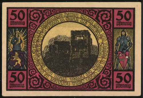 Notgeld Lobeda 1921, 50 Pfennig, Stadtansicht und Ruine mit Figuren und Inschrift