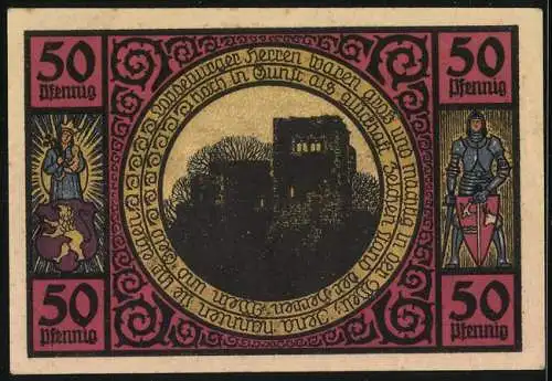 Notgeld Lobeda 1921, 50 Pfennig, Burgruine und Ritter