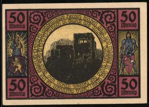 Notgeld Lobeda 1921, 50 Pfennig, Burgruine und Brücke über die Saale, Wappen und Ritter