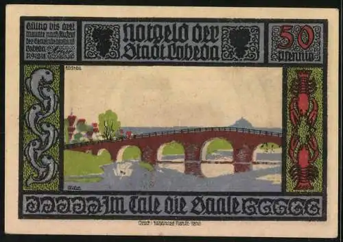 Notgeld Lobeda 1921, 50 Pfennig, Burgruine und Brücke über die Saale, Wappen und Ritter