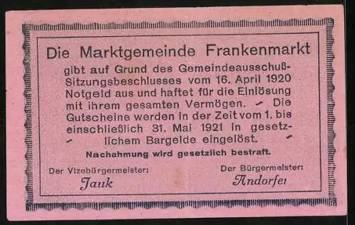 Notgeld Frankenmarkt 1920, 50 Heller, Stadtansicht mit Kirche, Unterschriften des Bürgermeisters und Vizebürgermeisters